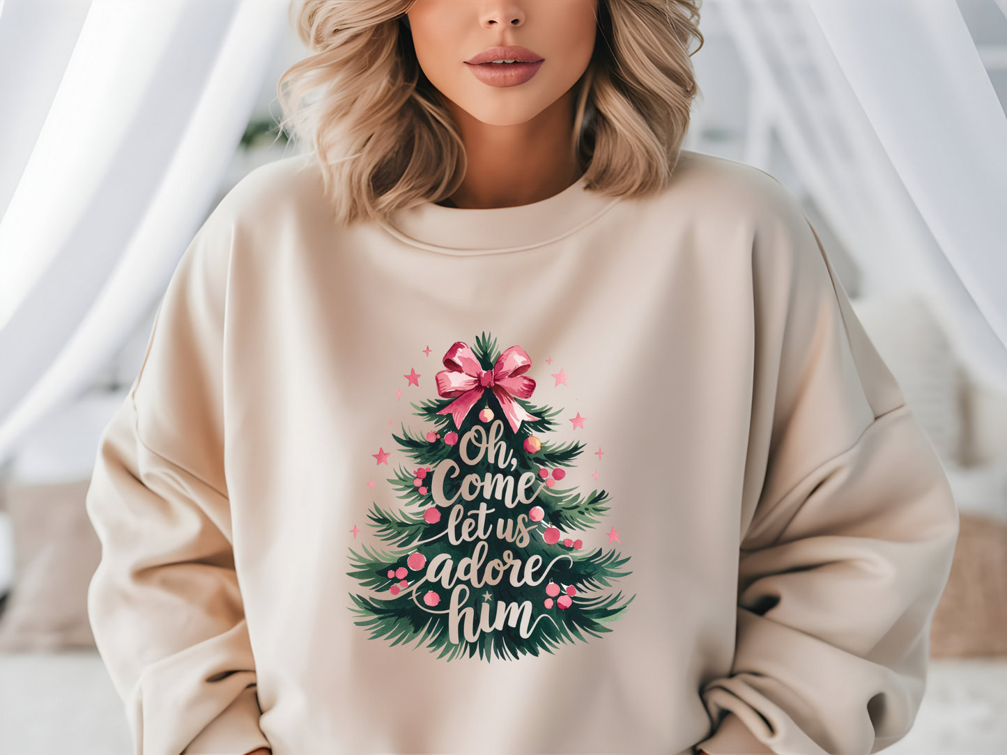 O Come Let Us Adore Him Coquette Bow Christmas Tree Sweatshirt