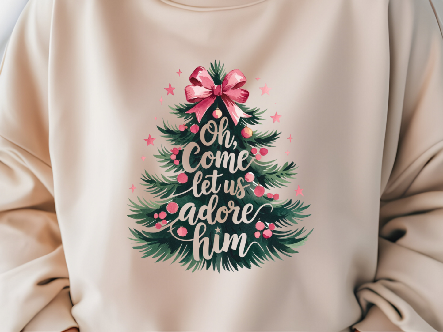 O Come Let Us Adore Him Coquette Bow Christmas Tree Sweatshirt