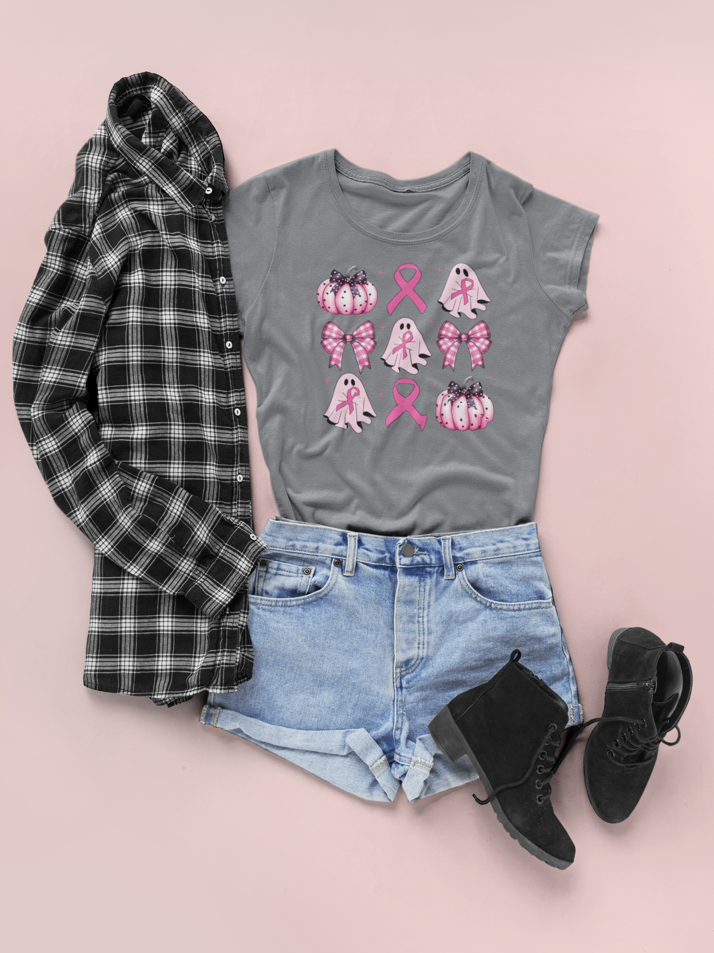 Pink Ribbon Ghost and Pumpkins Tee