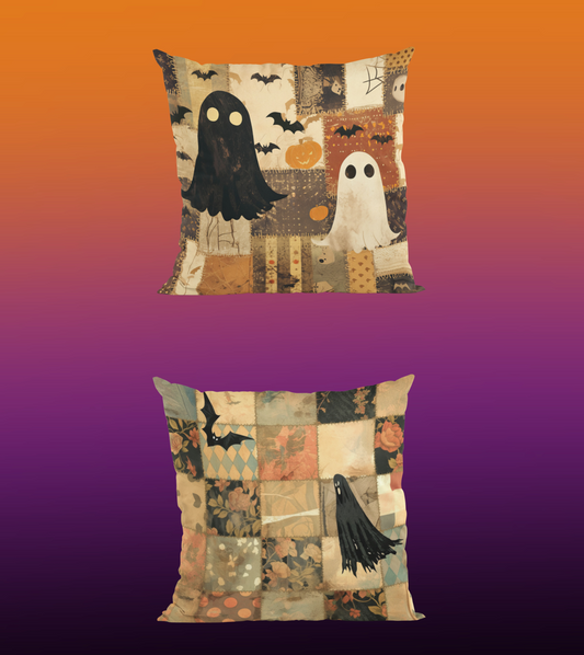 Halloween Patchwork Vintage Ghosts 16"x16" Pillowcases -Set of 2