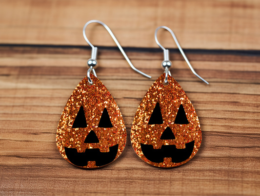 Teardrop Glitter Pumpkin Halloween Earrings