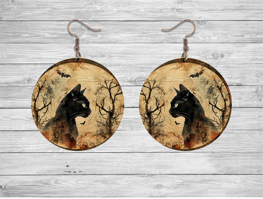 Round Black Cat Vintage Halloween Earrings